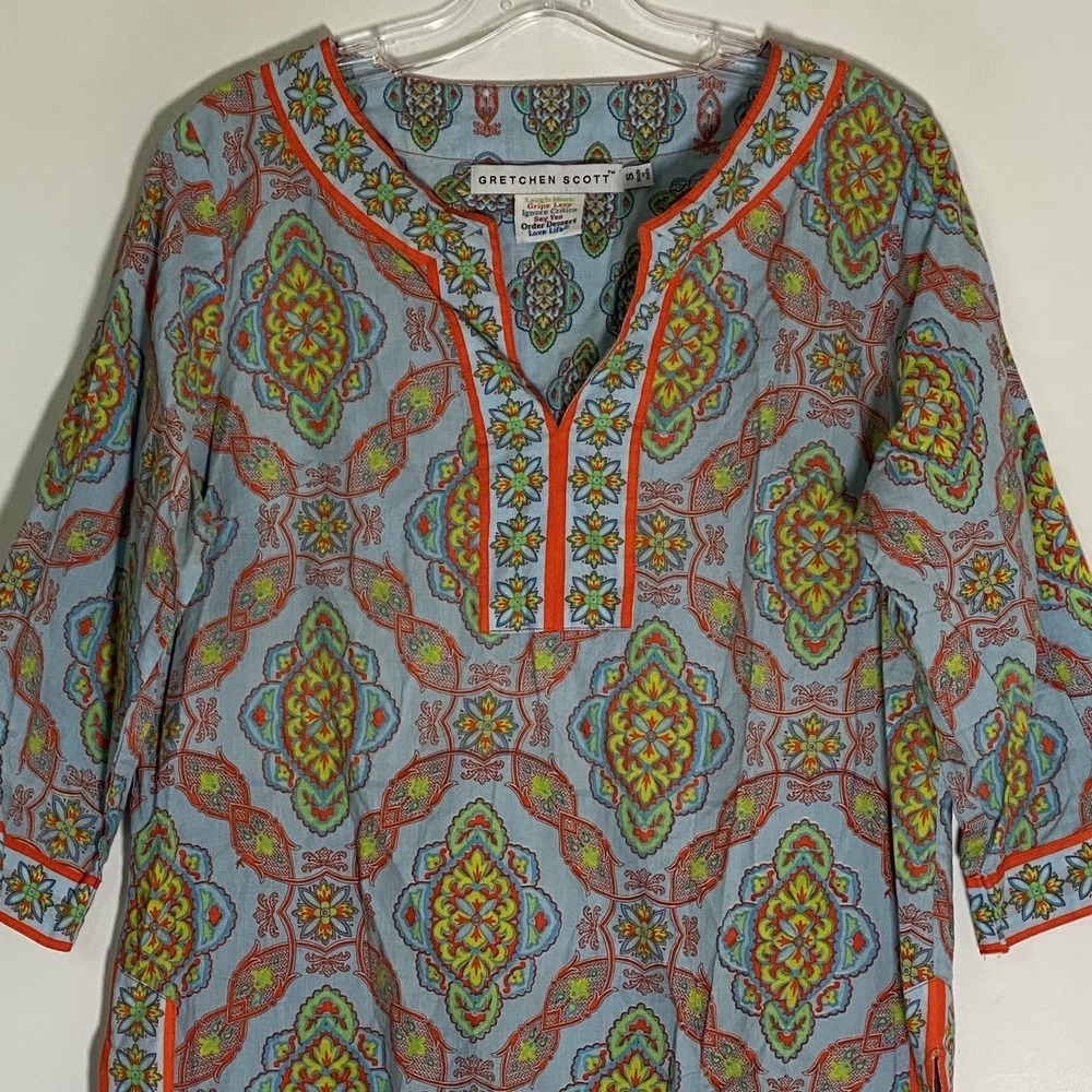 Gretchen Scott Top Womens Small Blue‎ Medallion Floral Tunic 3/4 Sleeve Boho - Picture 2 of 16